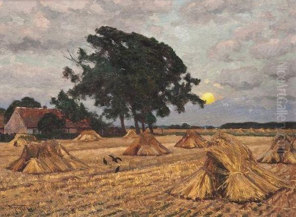 Harvested Wheat Field At Sunrise Oil Painting by Wilhelm Fritzel