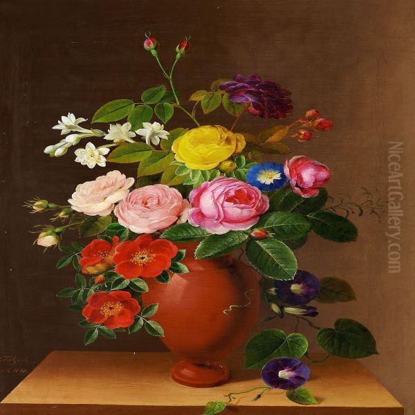 A Bunch Of Roses And Bindweed Oil Painting by Claudius Ditlev Fritzsch