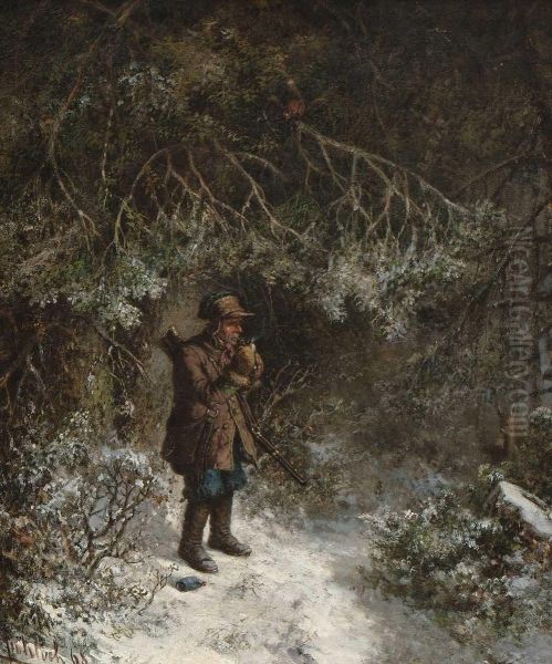 Pfeife Rauchender Jager Im Winterwald Oil Painting by Bernhard Froehlich