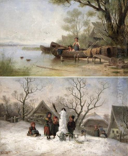 Seenlandschaft Und Winterliches Dorf Mit Spielenden Kindern Oil Painting by Bernhard Froehlich