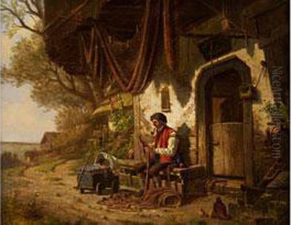 Oberbayerischer Fischer Beim Netzflicken Vor Seinem Haus Oil Painting by Ernst Frohlich