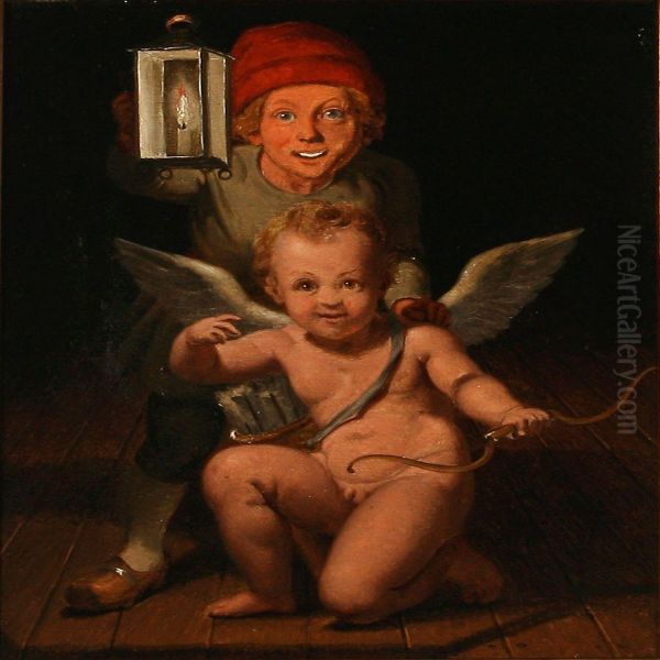 A Gnome Lights The Way For Cupid Oil Painting by Lorenz Frolich