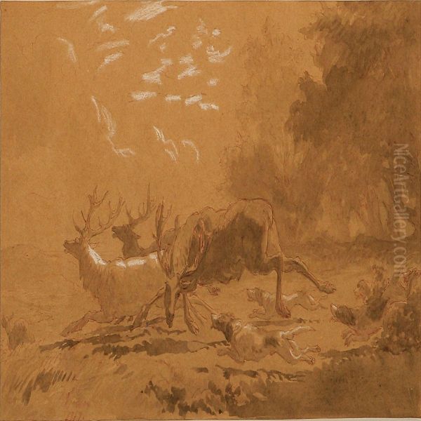 Hunting Dogs And Fleeing Elks Oil Painting by Lorenz Frolich