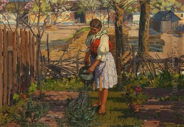 A Young Gardener Oil Painting by Anton Frolka