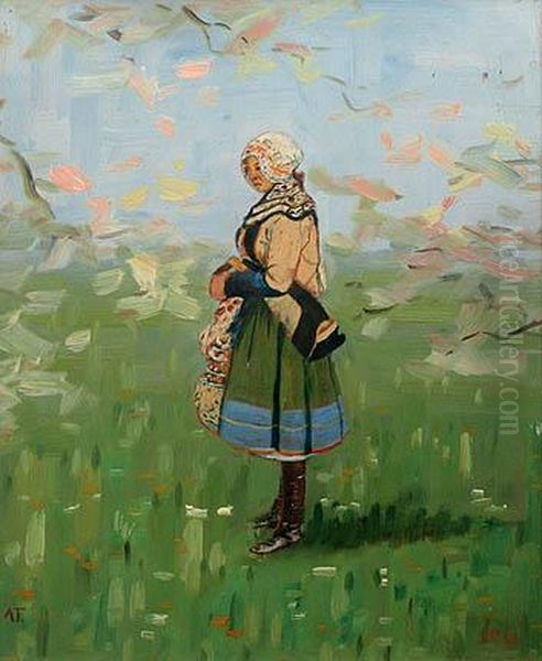 Girl In A Folk Dress Oil Painting by Anton Frolka