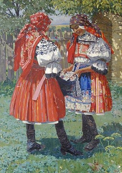 Girls In Folk Costumes Oil Painting by Anton Frolka