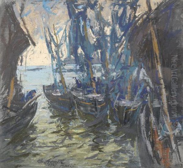 Segelboote Im Hafen. Oil Painting by Charles Henry Fromuth