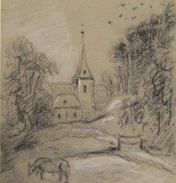 Church Landscape With Cattle; 
Charcoal Highlighted In White On Grey Oil Painting by George Frost