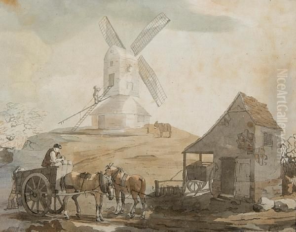 Windmill And Figures At Stoke Oil Painting by George Frost