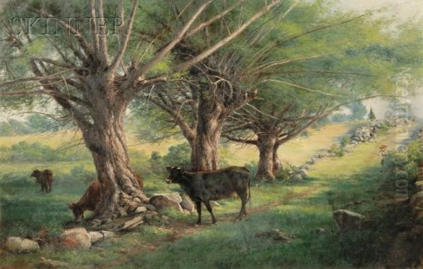 Sylvan Landscape With Cattle And Farmer Oil Painting by George Albert Frost