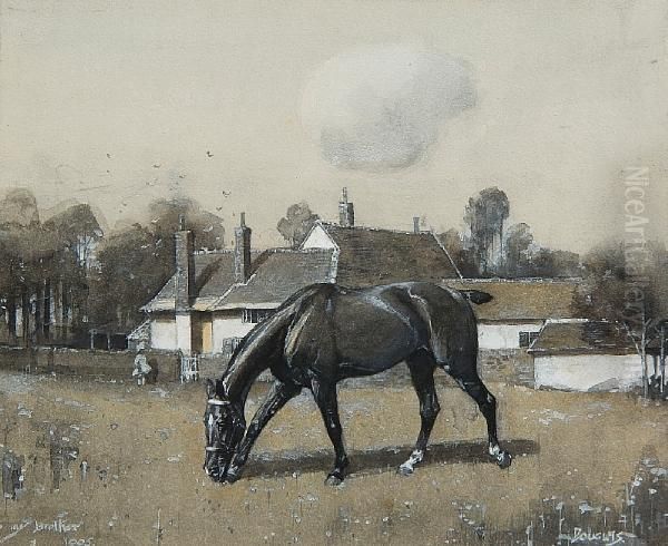 Horse Grazing In A Field Before A Cottage Oil Painting by Roger Fry