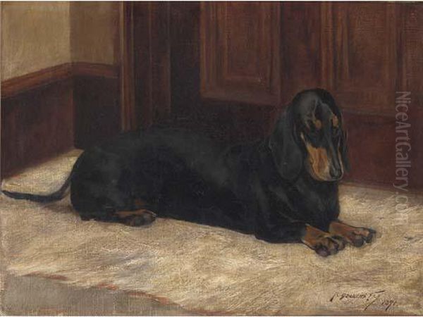 A Dachshund In An Interior Oil Painting by Roger Fry