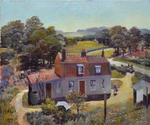 Red Tiled House In Extensive Village Landscape Oil Painting by John Hemming Fry