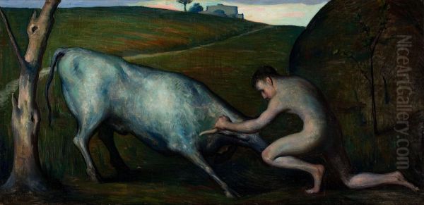 Nude With Bull Oil Painting by John Hemming Fry