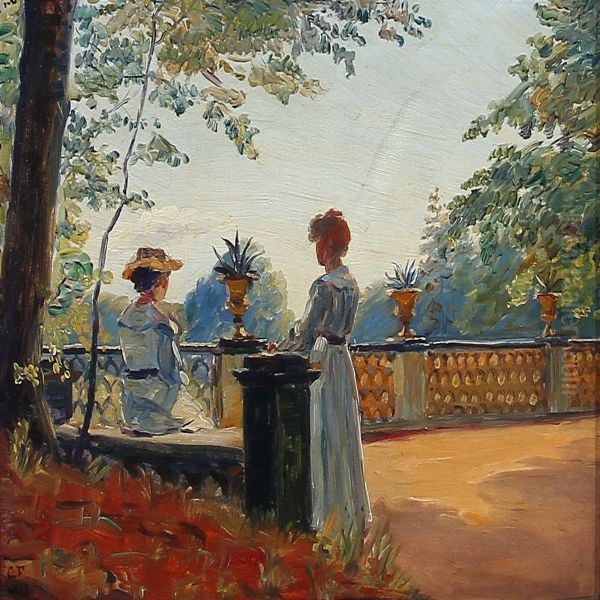 Two Women In A Park Oil Painting by Carl Frydensberg