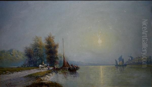 On The Delaware Oil Painting by George G. Fryer