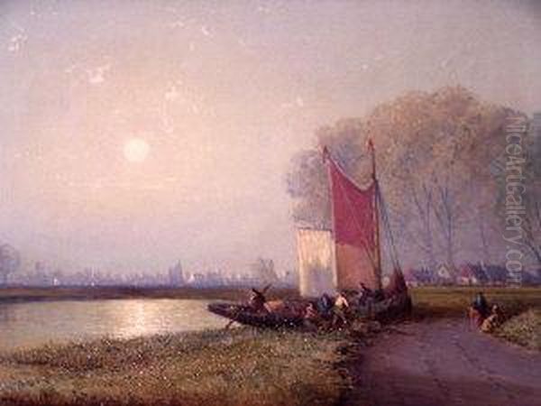 Figures With A Sailing Barge On The Shores Of A River With A Town In The Distance Oil Painting by George G. Fryer