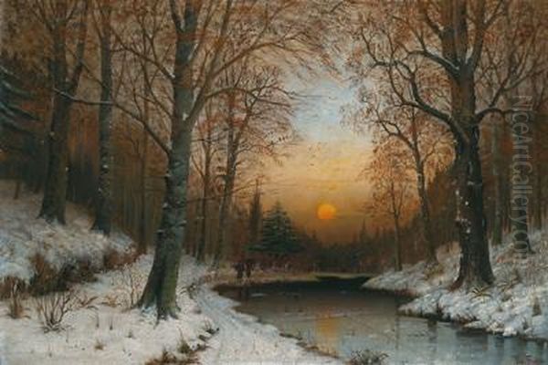 A Winter Woodland In The Evening Light Oil Painting by Therese Fuchs