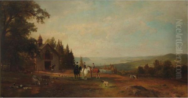 Hudson River Landscape With Equestrian Group Oil Painting by Herman Fuechsel