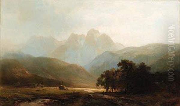 Haying In The Valley Oil Painting by Herman Fuechsel