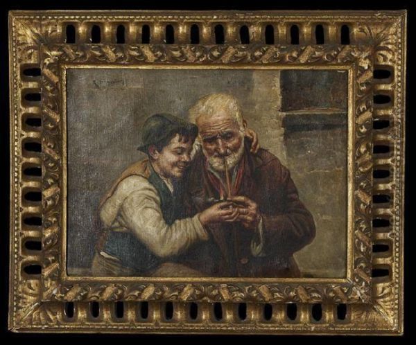 Young Boy Helping An Old Man Light Hispipe Oil Painting by R. Fugerio