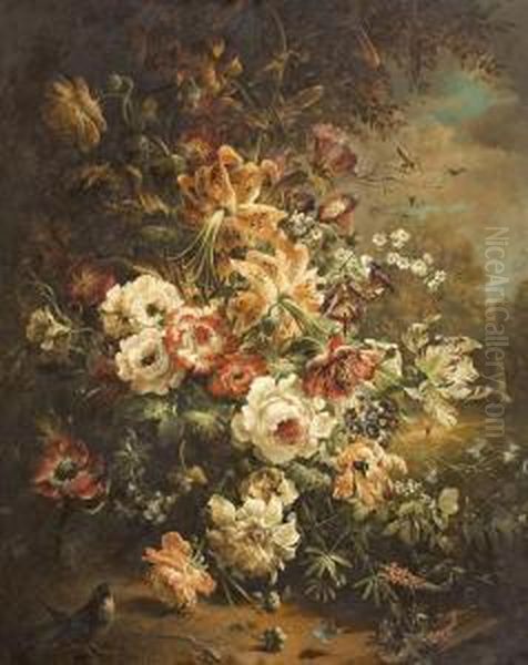 Blumenstillleben Mit Vogel In Einer Landschaft Oil Painting by Max Fuhrmann