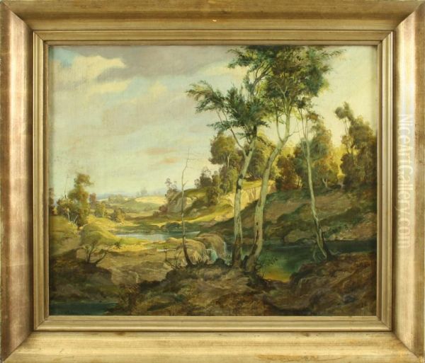 Romantische, Von Baumen Gesaumte Fluslandschaft Oil Painting by Max Fuhrmann