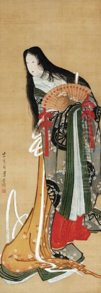 Court Lady With Fan Oil Painting by Kitagawa Fujimaro