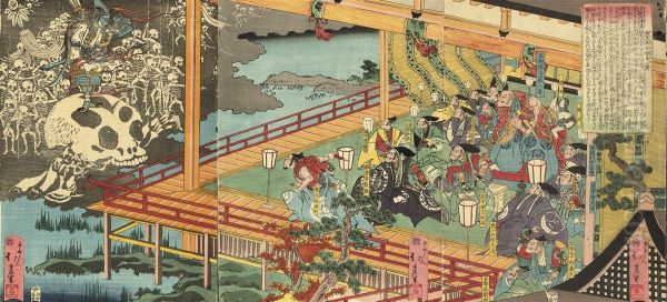 A Triptych Showing Taira Kiyomori Seeing The Appearance Of Skulls In Fukuhara, Signed Oil Painting by Hokui Fukao