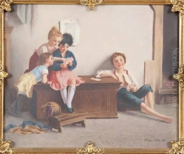 The Card Game Oil Painting by Florence Ada Fuller