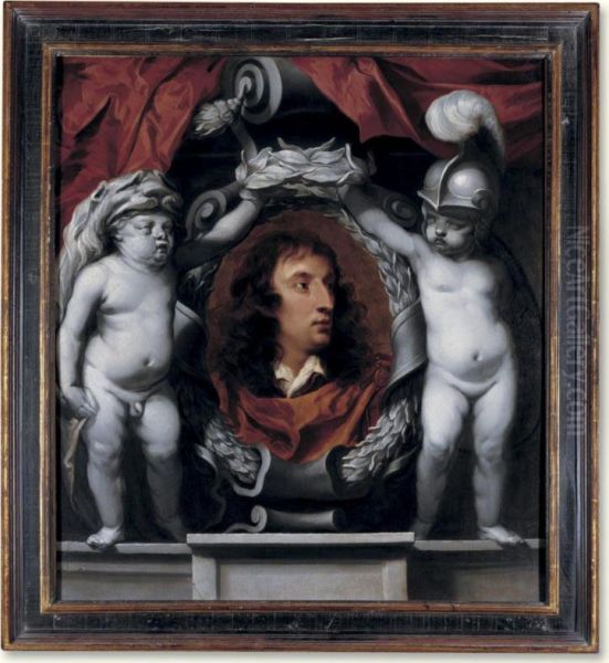 Portrait Of A Royalist General, Possibly The Earl Of Sandwich, Supported By Putti Dressed As Minerva And Hercules Oil Painting by Isaac Fuller