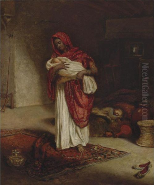 Indian Ayah With Sleeping Children Oil Painting by Emma W. Fullerton