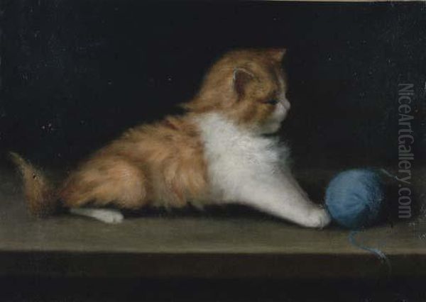 Kitten Playing With A Ball Of Yarn Oil Painting by Evelyn Fullonton