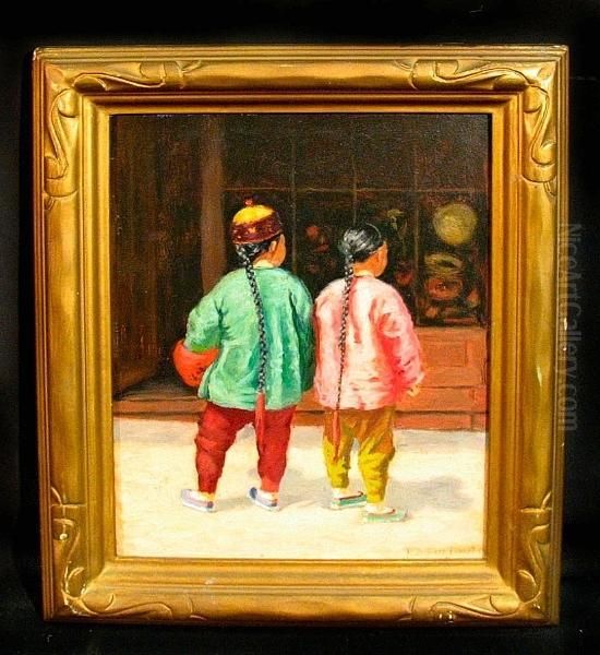 Two Figures Window Shopping Oil Painting by Robert Dudley Fullonton