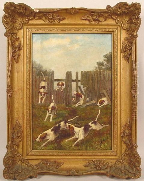 Hounds Overand Through Fence Oil Painting by Charles Fullwood