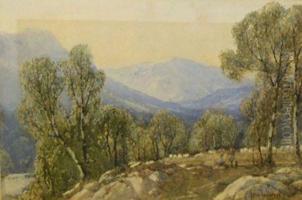 Mountain Landscape With Figures In Foreground Oil Painting by John Fullwood