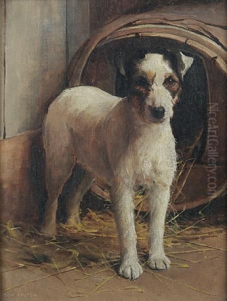 A Fox Terrier In Front Of A Kennel Oil Painting by Samuel Fulton