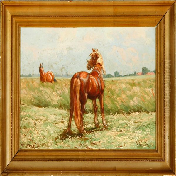 Horses On A Field Oil Painting by Herman Frederik Funch