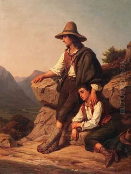 Two Shepherd Boys In The Southern Italian Landscape Oil Painting by Emil Funk