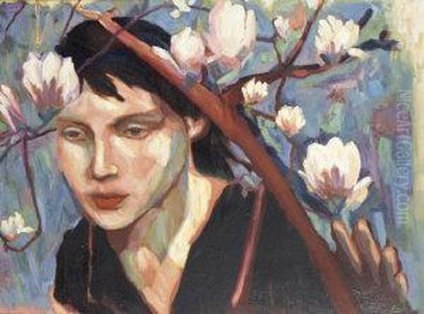 Girl With Magnolias I Oil Painting by Emil Funk