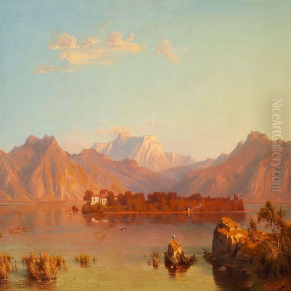 River Scene At Sunset Oil Painting by Heinrich Funk