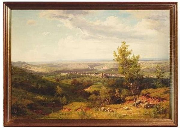 Wide Swabian Landscape With View Of Castle Rosenstein And Bad Cannstatt Near Stuttgart. Addition: The Artist's Oil Sketch For This Painting Oil Painting by Heinrich Funk