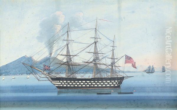 An English Royal Naval Three-decker Lying At Anchor In The Bay Of Naples Oil Painting by Michele Funno