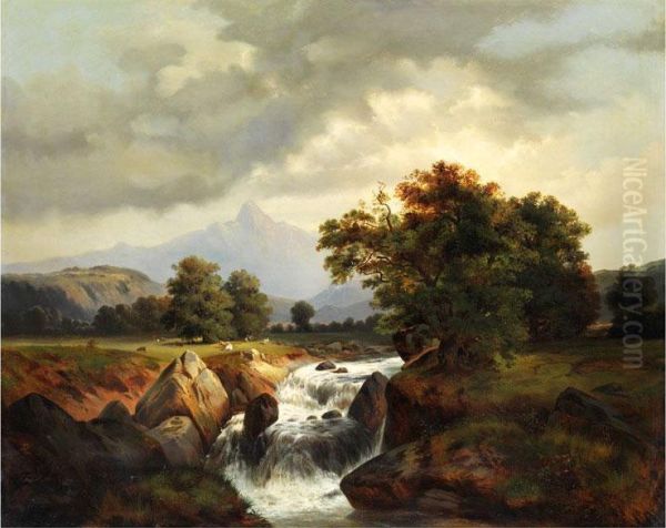 Alpenlandschaft Mit Wasserfall Oil Painting by Thessel Furchtegott