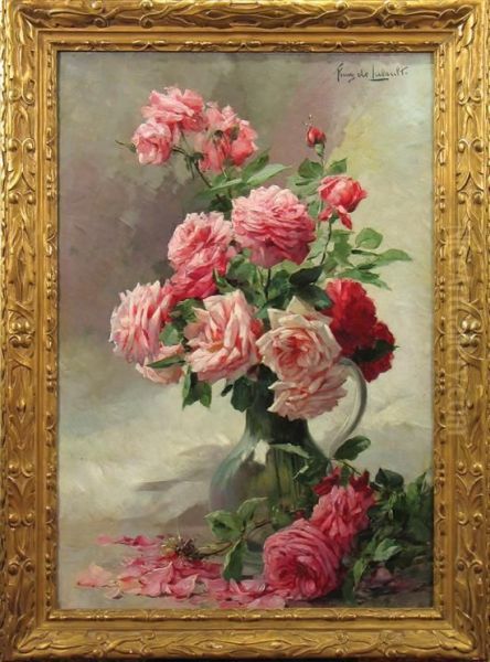 A Vase Of Pink Roses Oil Painting by Albert Tibule Furcy De Lavault