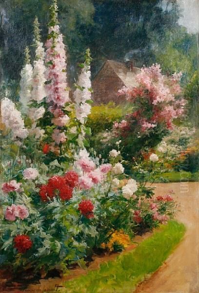 A Sunny Garden Oil Painting by Albert Tibule Furcy De Lavault