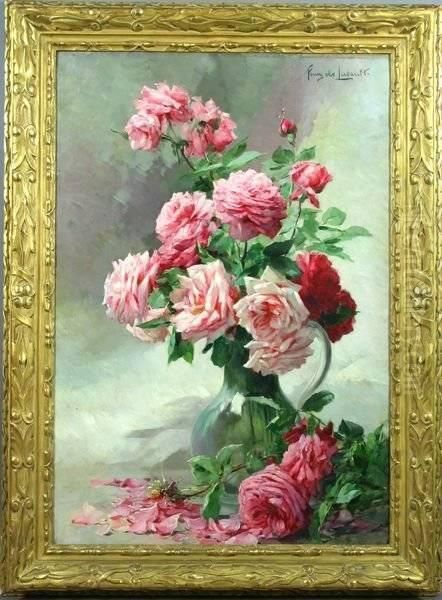 A Vase Of Pink Roses Oil Painting by Albert Tibule Furcy De Lavault