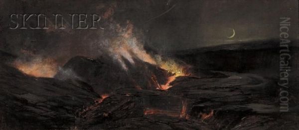 View Of A Volcanic Eruption, Probably Kilauea Caldera On Maunaloa Oil Painting by Charles Furneaux