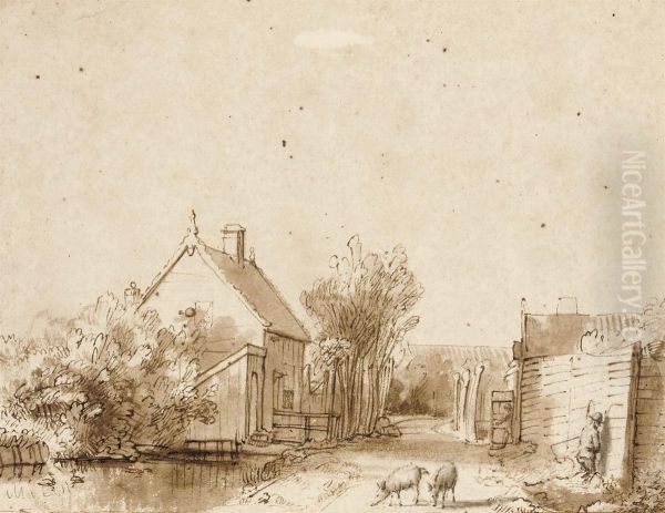 A Village Street With A Duck Pond, Two Pigs And A Peasant Oil Painting by Abraham Furnerius