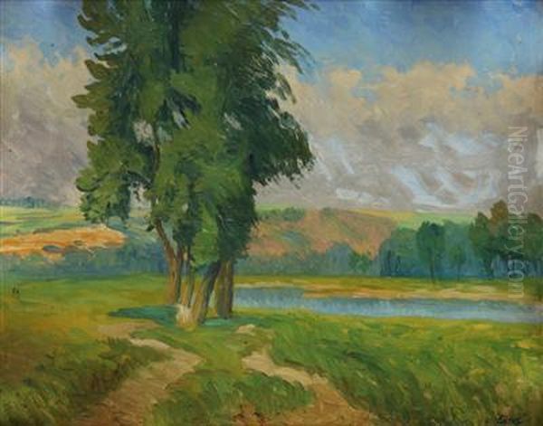 Trees On A River Bank Oil Painting by Jindoich Furst